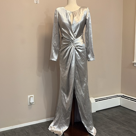 NEW Aidan Mattox evening gown maxi dress slit cut out silver formal wear - Picture 13 of 16